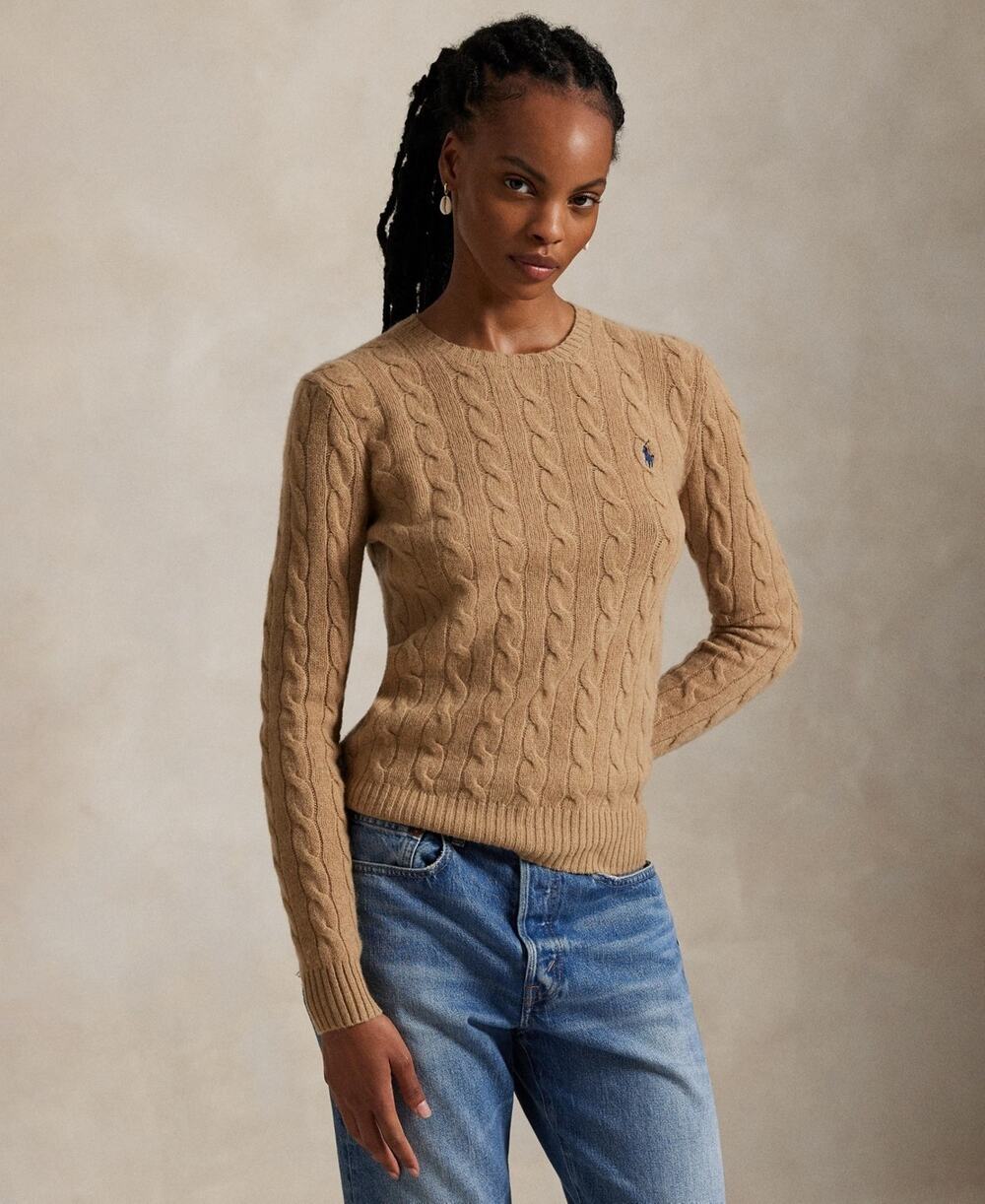 Polo Ralph Lauren Women Cable Wool-Cashmere Crew Neck Sweater Camel Size L 1204